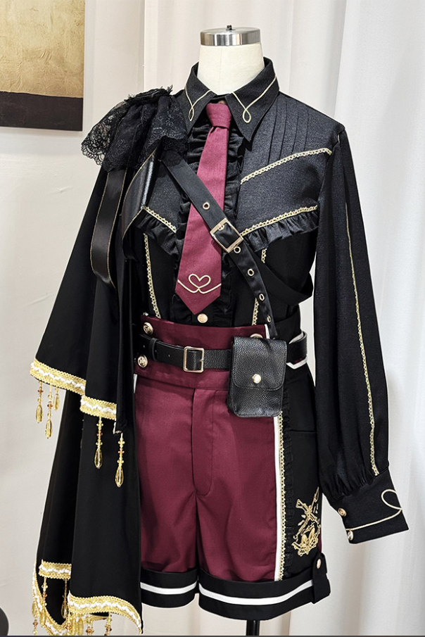 【6月28日予約締切】レッドブラック/ブルーブラックダークプリンスロリータジャケット＋ショートパンツ＋ネクタイ＋ウエストバッグ付きベルト