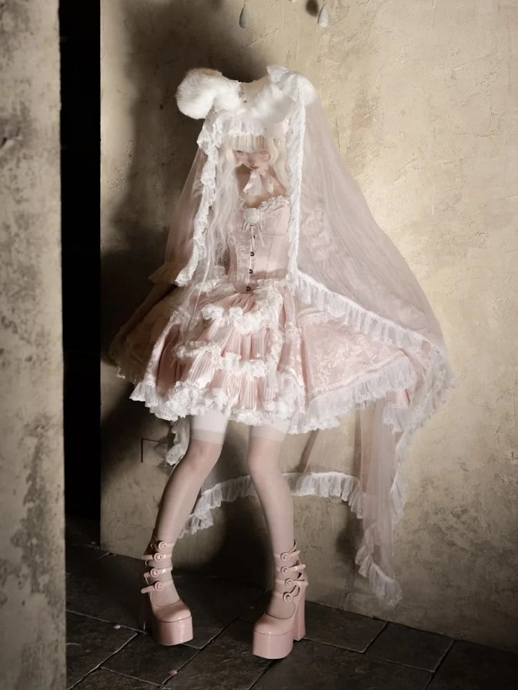 [Date limite de réservation 8 janvier] Set Complet avec Accessoires de Robe Bustier Jacquard Gothic Sombre à Longue Traîne