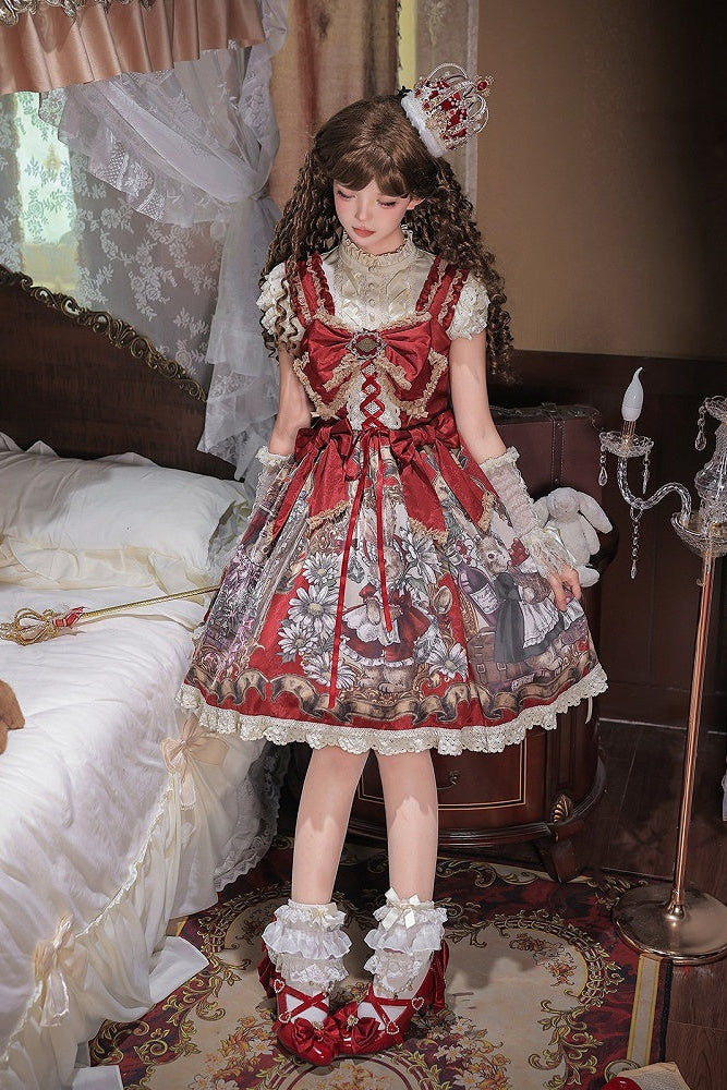 [Date limite de précommande : 7 août] Ensemble complet robe JKS vintage rouge à imprimé lapin histoire avec ruban antique + chemise à volants + manchettes lacées