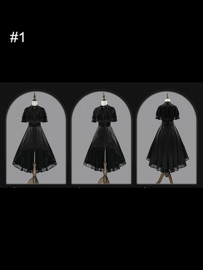 【10月8日予約締切】Black Classic Lolita Black Bow High-Low Dress(Sheer lace hem version / Plain satin frill hem version)