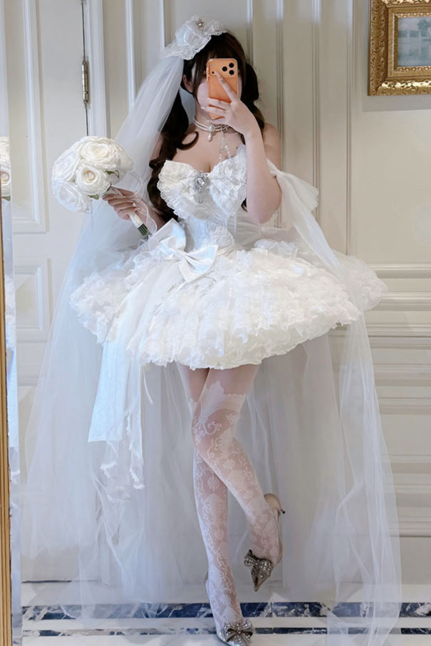 [Vorbestellung bis 4. April]Weißes Feder-Zeremonienkleid + Schal + Schwanz + Schleier + Schleife + Ärmel