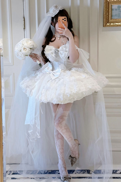 [Vorbestellung bis 4. April]Weißes Feder-Zeremonienkleid + Schal + Schwanz + Schleier + Schleife + Ärmel