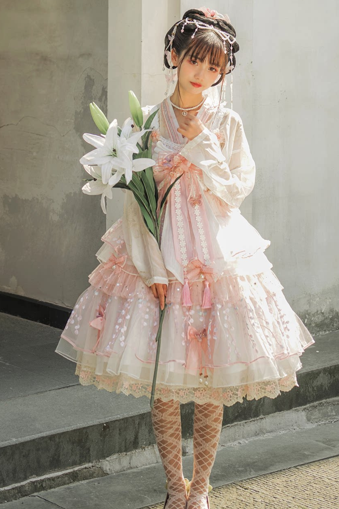 사쿠라 스위트 차이나 로리타 셔츠 + 목걸이 + 리본 + 베일 + 클립