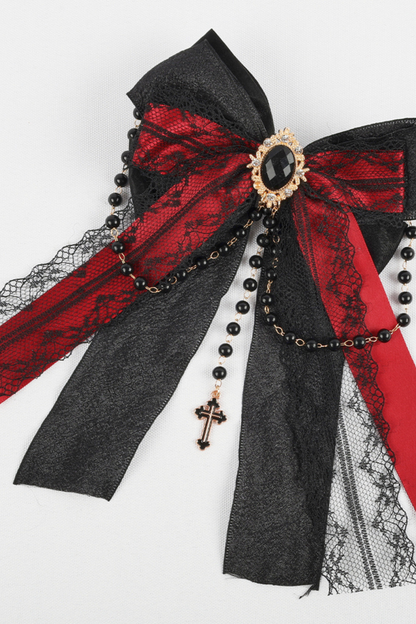 Dark Frilled Lolita Hairband + Flat Hat + Hat Clip + Ribbon Clip + Sleeve