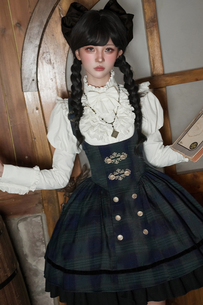 レトロカレッジスタイルチェックロリータスカート＋ジャケット＋マント＋ブラウス＋リボン＋ネックレス