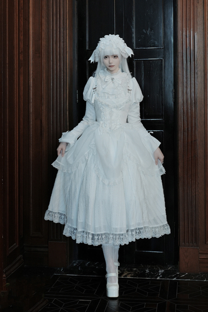 White gothic gemini Lolita dress + corset + ribbon + hair band + veil