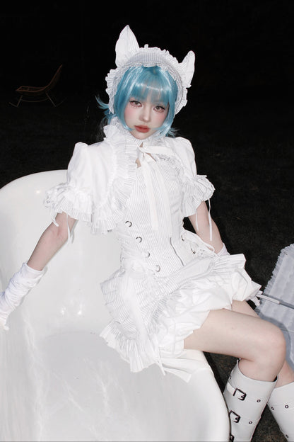 [Vorbestellschluss: 8. August] Gothic-Lolita Dark-Cat gestreifte kurze Rüschenjacke+Korsett-Bustier+hochziehbare kurze Rüschenshorts