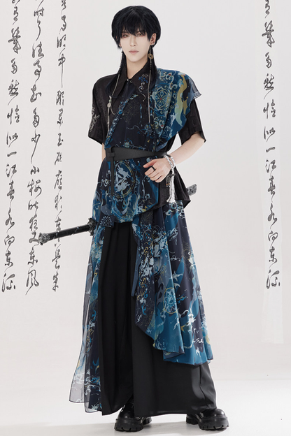 ダークチャイナシャツ+ワイドレッグパンツ+チェーン+ベルト