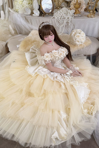 [예약상품] 4월 4일 예약마감]애프리콧 웨딩 로리타 원피스+숄+소매+리본 테일+베일