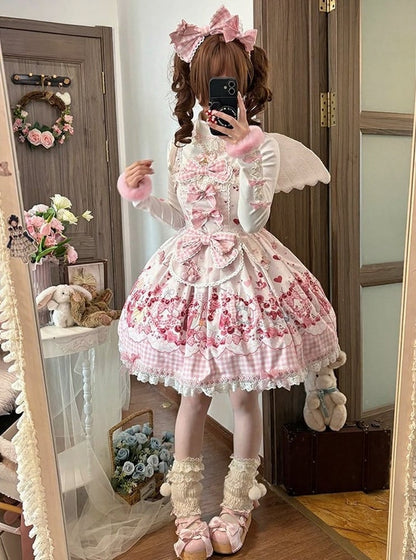 [Précommande jusqu'au 5 mai] Robe JSK à imprimé cerises roses, dentelle, ruban et tablier oreilles de lapin + accessoires