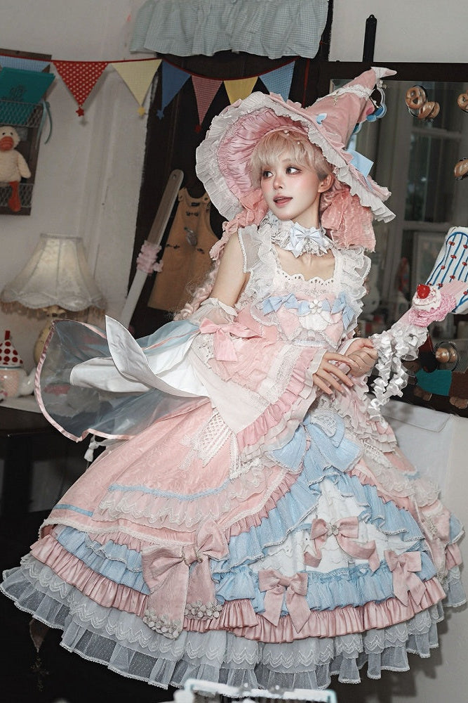 [Cierre de reserva el 14 de septiembre] Conjunto completo Fantasy Sweet Witch de vestido JSK cruzado + cola con lazo grande + capa con capucha + mangas desmontables + sombrero de bruja + mangas exteriores
