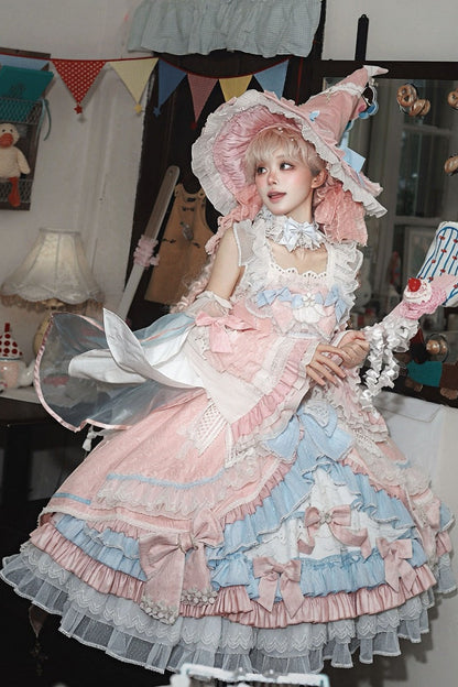 [Cierre de reserva el 14 de septiembre] Conjunto completo Fantasy Sweet Witch de vestido JSK cruzado + cola con lazo grande + capa con capucha + mangas desmontables + sombrero de bruja + mangas exteriores