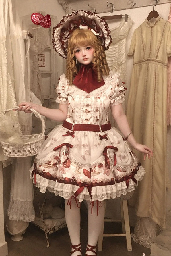 【11月4日予約締切】Strawberry Print Sweet Lolita Lace Bow JSK Dress + Puff Sleeve Lace Bow Doll Dress with Bone Embroidery Apron