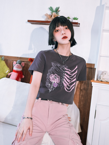 Flower Bone Print Dark China Tops