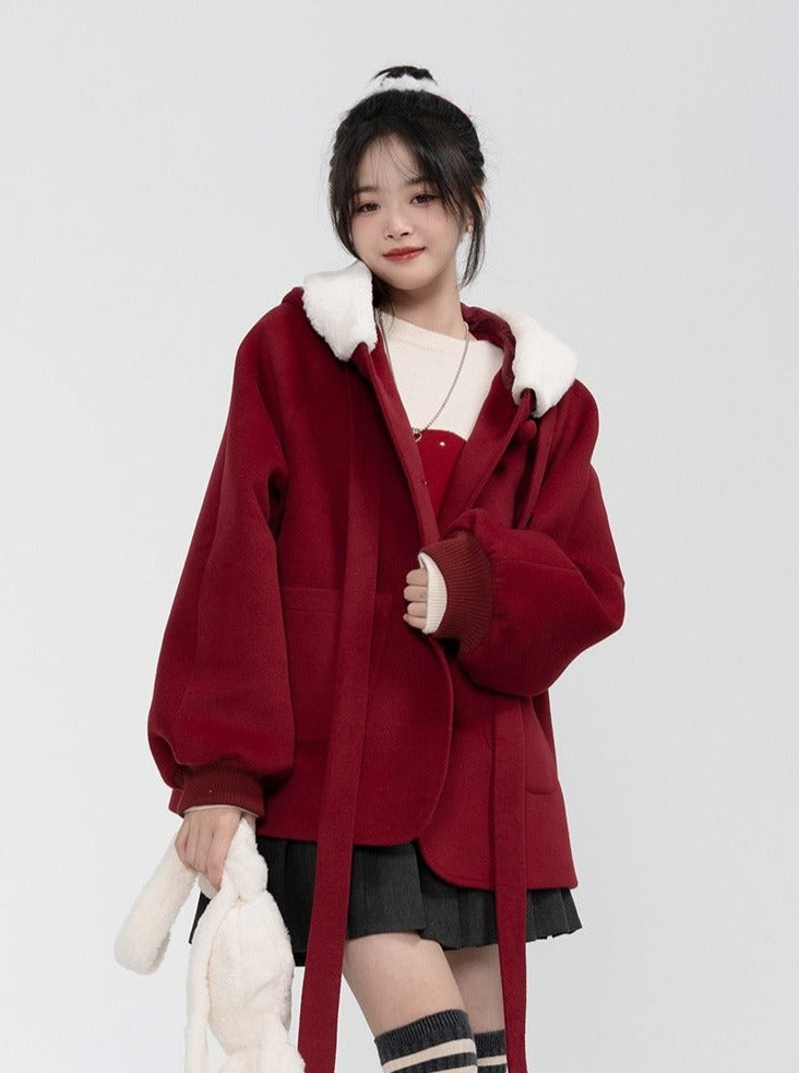 Wine Red Cat Hooded Short Wool Coat