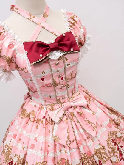 【4月26日予約締切】レトロロマンスイートロリータリボンケーキプリントホルターネックドレス