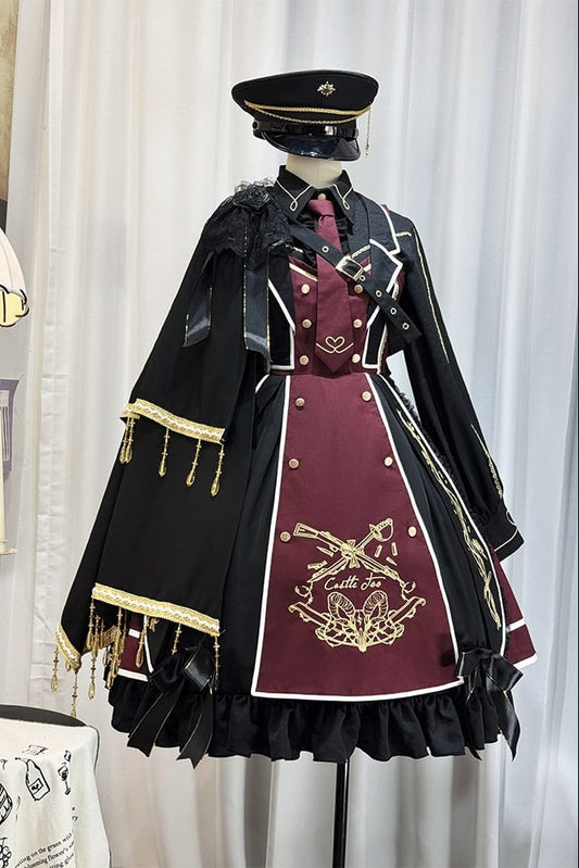 【6月28日予約締切】ダークプリンスロリータブラックワンショルダーケープ＋ゴールドチェーンミリタリーハット