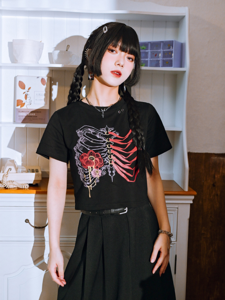 Flower Bone Print Dark China Tops