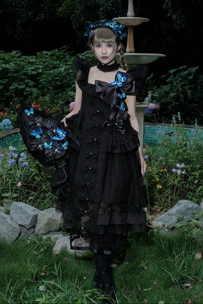 [Vorbestellfrist: 1014] Schwarz/weißes Gothic-Lolita-Set aus Puppenkleid mit Schmetterlingsschleife, Bandkragen und Flatterärmeln + Puppenkleid mit eckigem Ausschnitt und Flatterärmeln