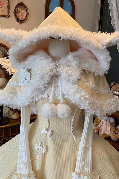 【11月7日予約締切】Yellow/Pink Sweet Lolita Fur Trim Sheep Ear Hooded Bow Cape (Reversible Plush Hooded Cape)