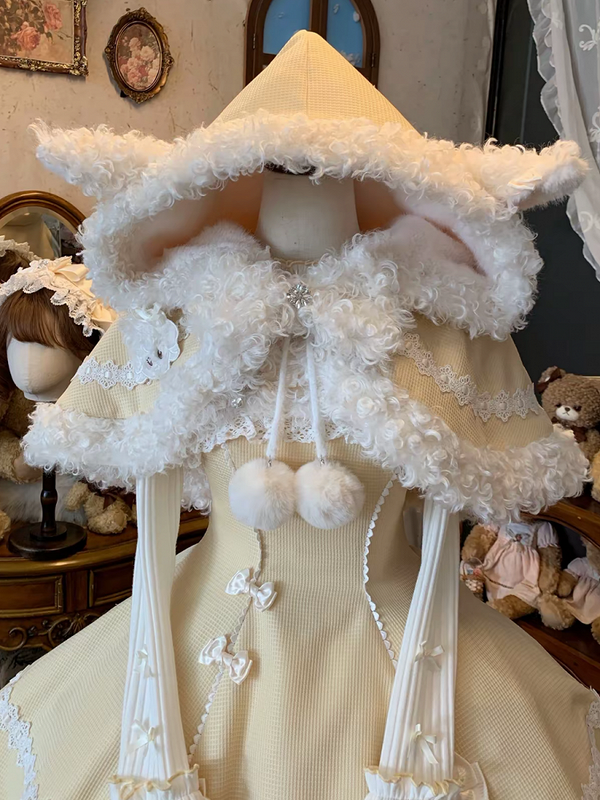 【11月7日予約締切】Yellow/Pink Sweet Lolita Fur Trim Sheep Ear Hooded Bow Cape (Reversible Plush Hooded Cape)