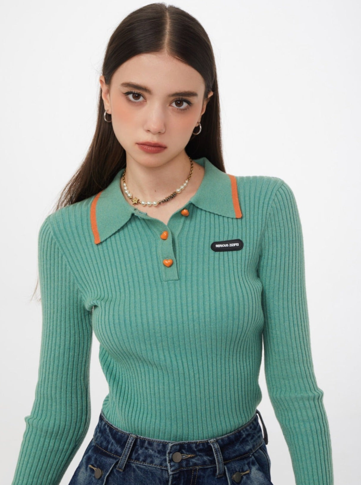 Slim American Retro Polo Collar Ribbed Top