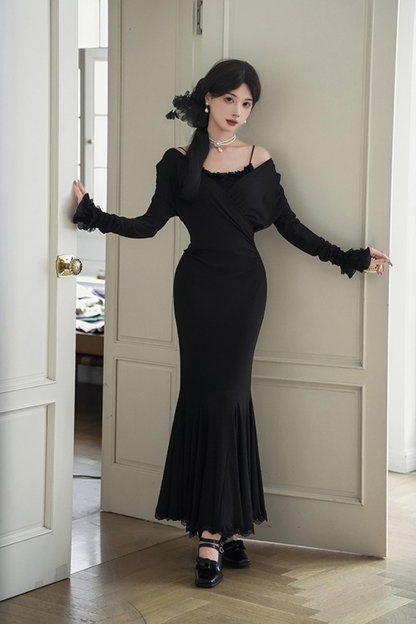 ローVネックニットストレッチスリムワンピース