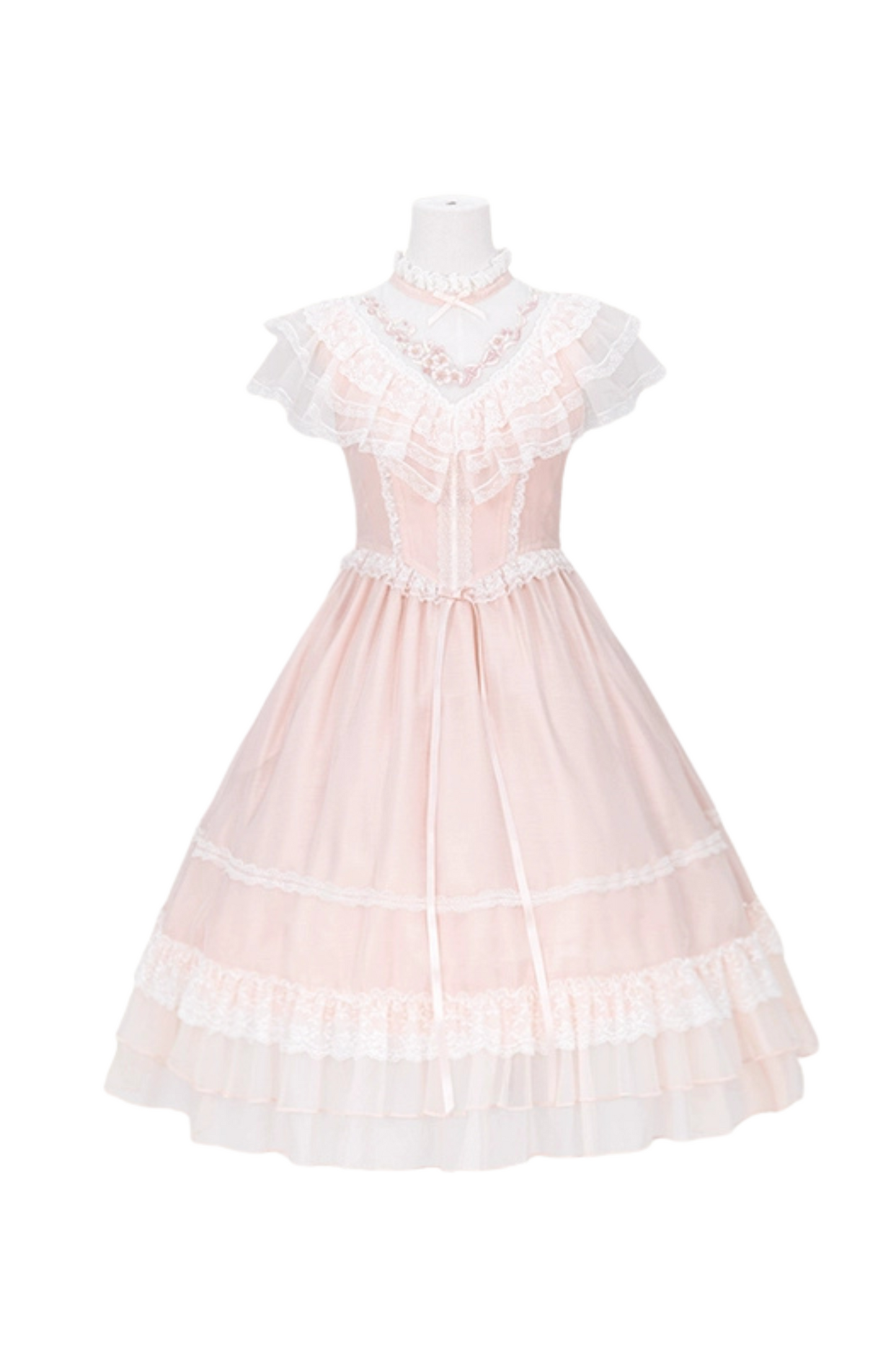 Cherry blossom color sweet princess Lolita dress + doll color top + sheer cardigan + apron