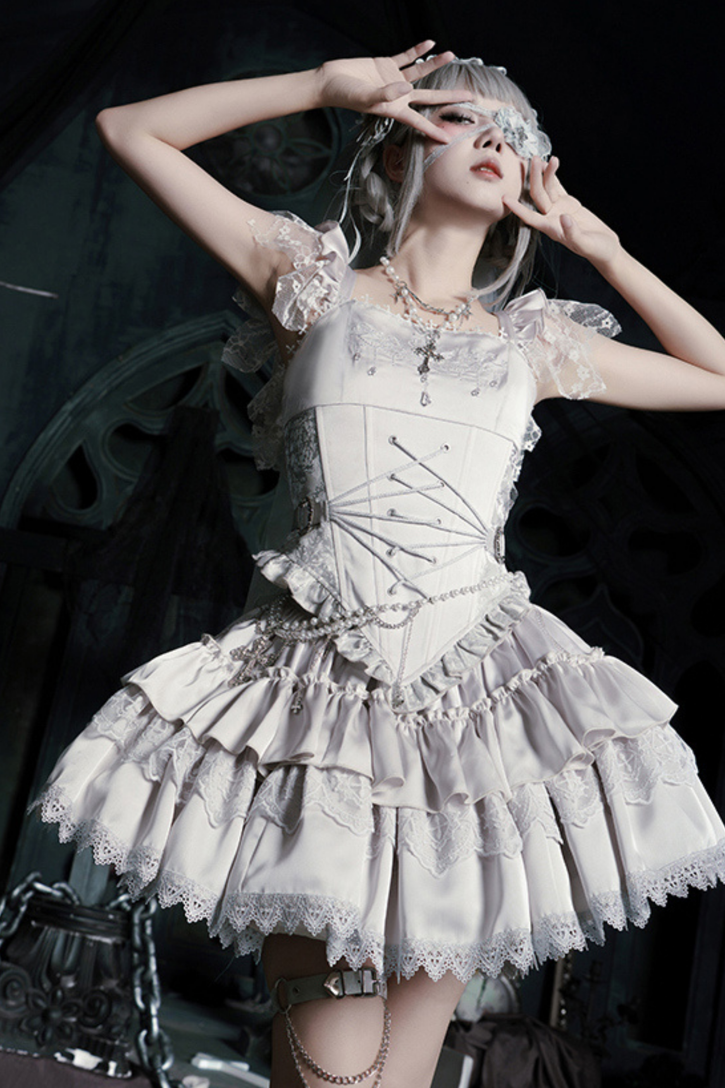 ゴシックロリータスカート+コルセット+ベール+ネックレス+ウエストチェーン