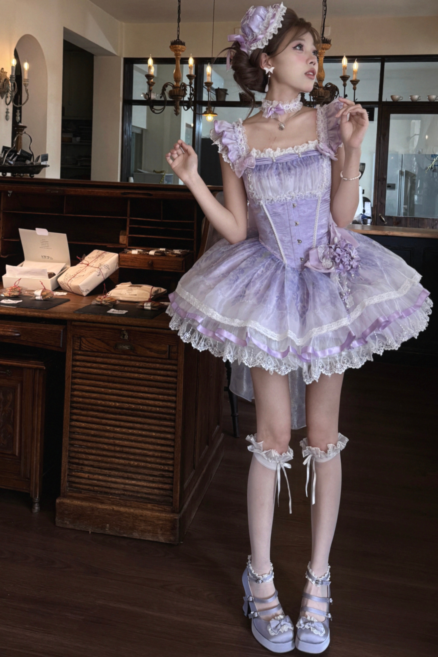 【予約商品】バレエスタイルエレガントドレス+ハット+ヘアバンド+リボンテール