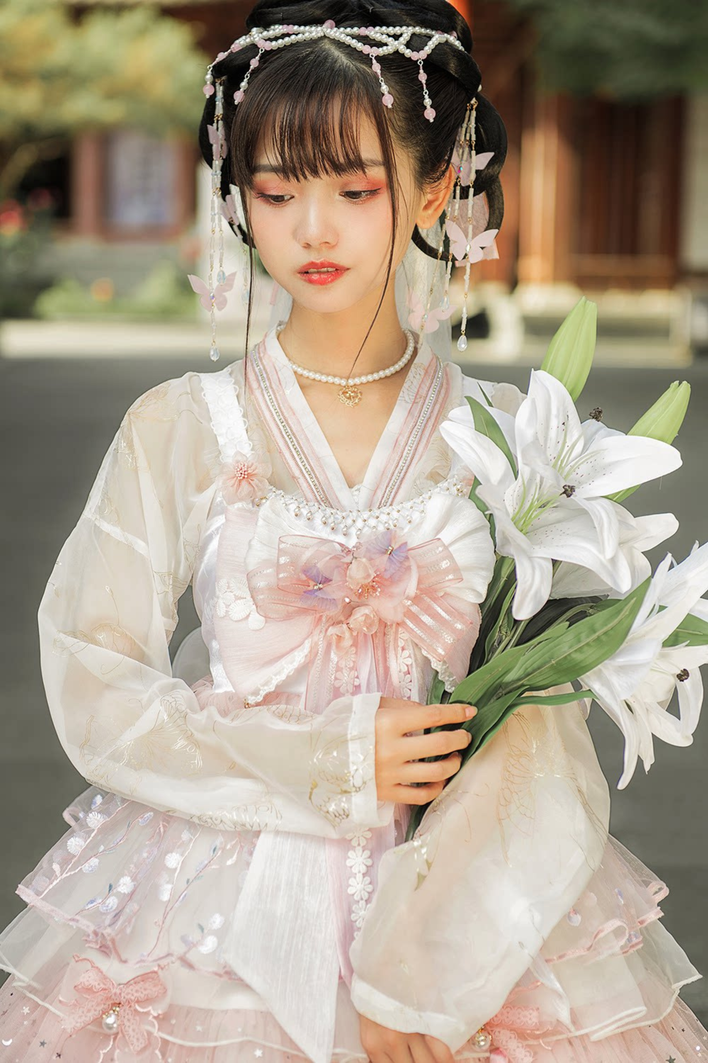 사쿠라 스위트 차이나 로리타 셔츠 + 목걸이 + 리본 + 베일 + 클립