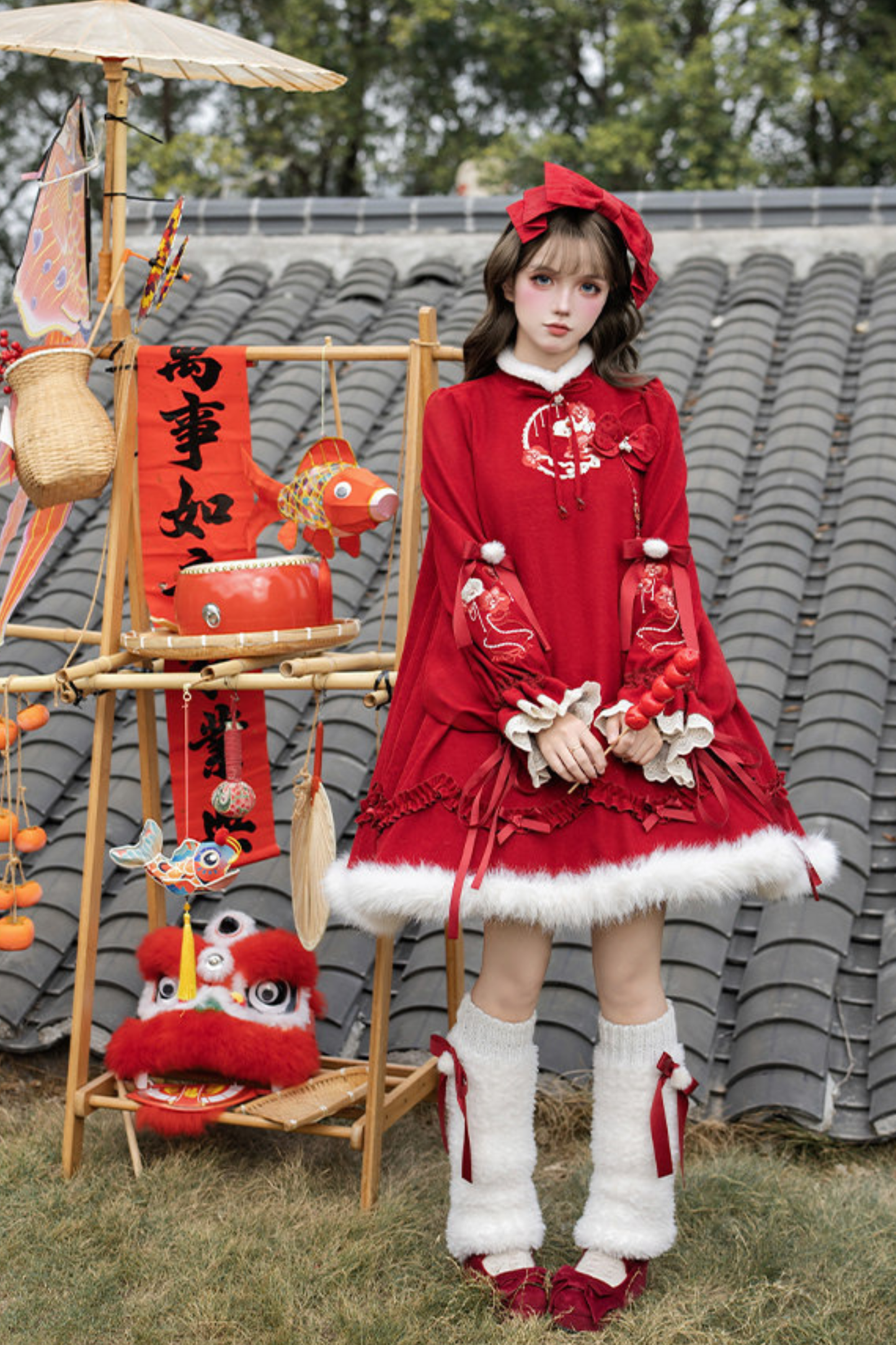 China Big Sleeve Dress + Apron + Skirt + Leg Warmers + Hairband + Clip + Pin