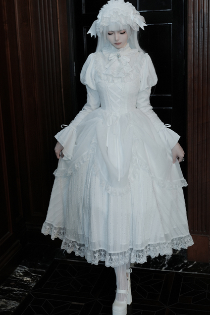 White gothic gemini Lolita dress + corset + ribbon + hair band + veil