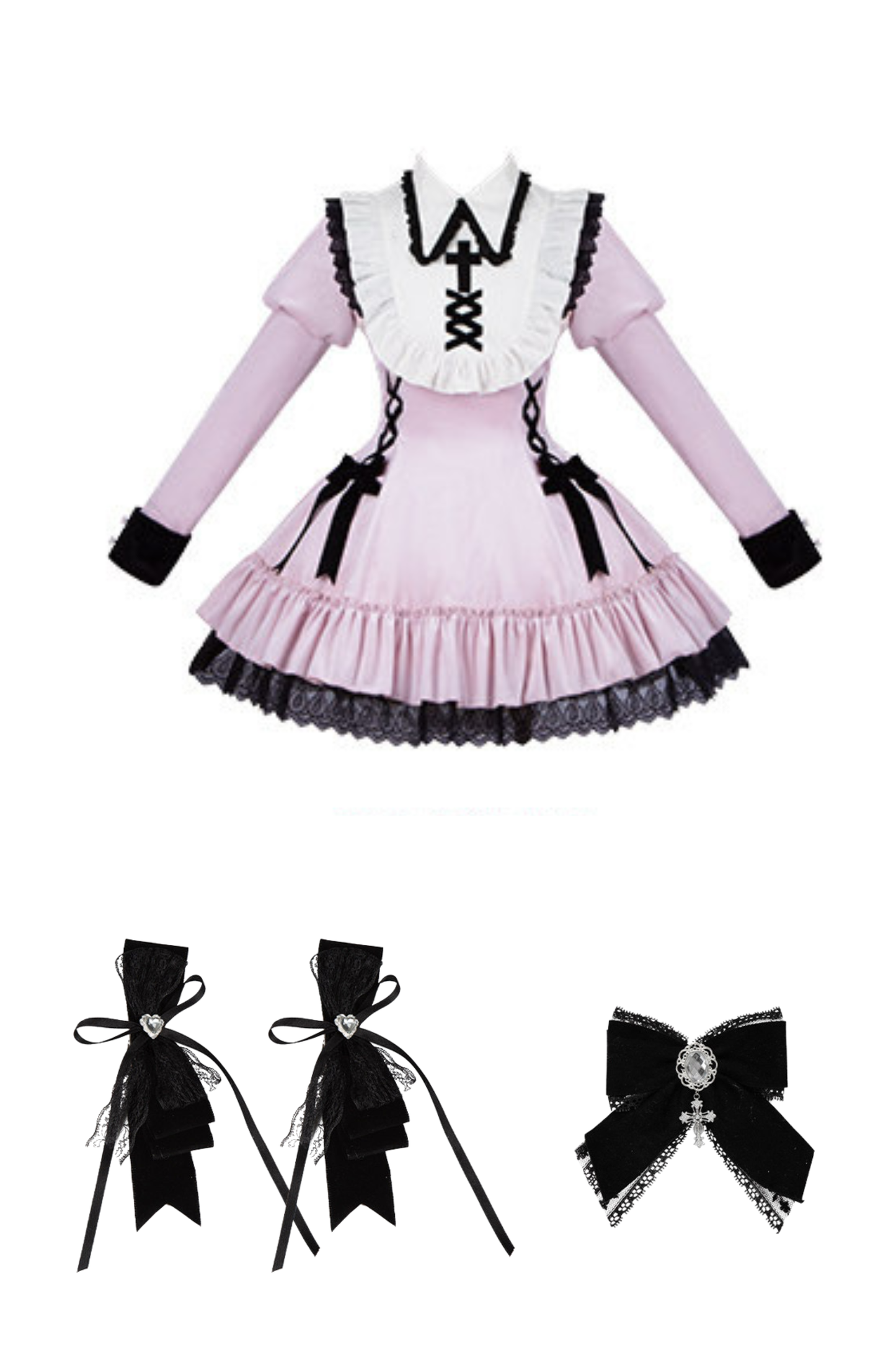 Lace-up ribbon Lolita dress + brooch + hair clip