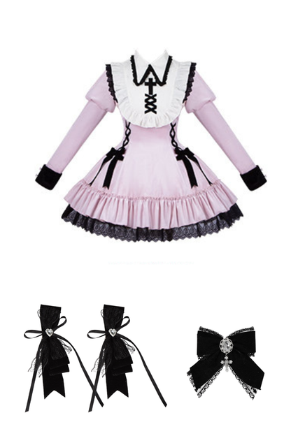 Lace-up ribbon Lolita dress + brooch + hair clip