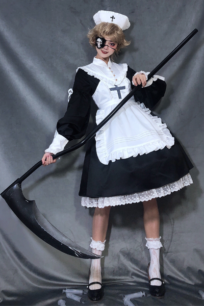 ランタンエンジェルメイドロリータドレス＋エプロン＋つけ襟