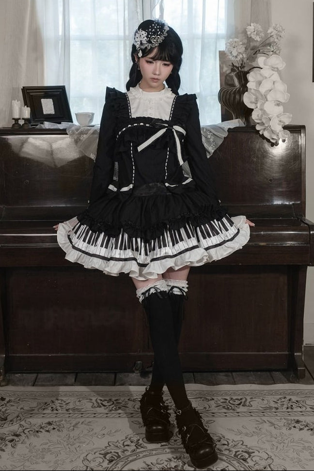 [Date limite de réservation : 22 octobre] Robe de poupée taille basse gothique Lolita à pois/noire avec touches de piano, nœud à volants
