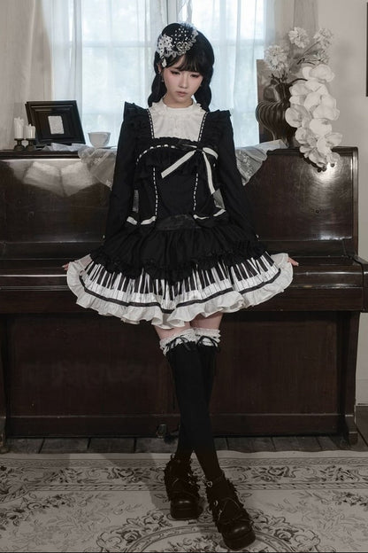 [Date limite de réservation : 22 octobre] Robe de poupée taille basse gothique Lolita à pois/noire avec touches de piano, nœud à volants