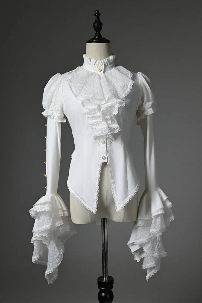 [Pre-order Deadline: July 25] Black/White Gothic Lolita Elegant Ruffle High-Neck Bell-Sleeve Lace Ruffle Shirt