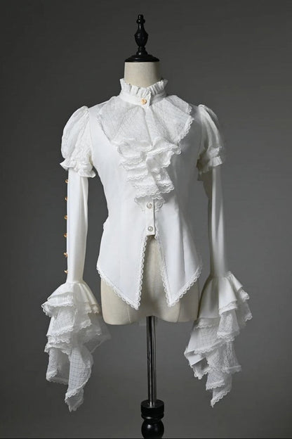 [Pre-order Deadline: July 25] Black/White Gothic Lolita Elegant Ruffle High-Neck Bell-Sleeve Lace Ruffle Shirt