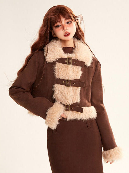 Splicing wool fur short jacket + long skirt
