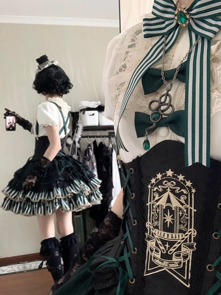 [Pre-order Deadline: May 20] Magical Girl Lolita Elegant Lace Puff Sleeve Shirt + Black x Green Ribbon Corset Tiered Dress + Mini Hat
