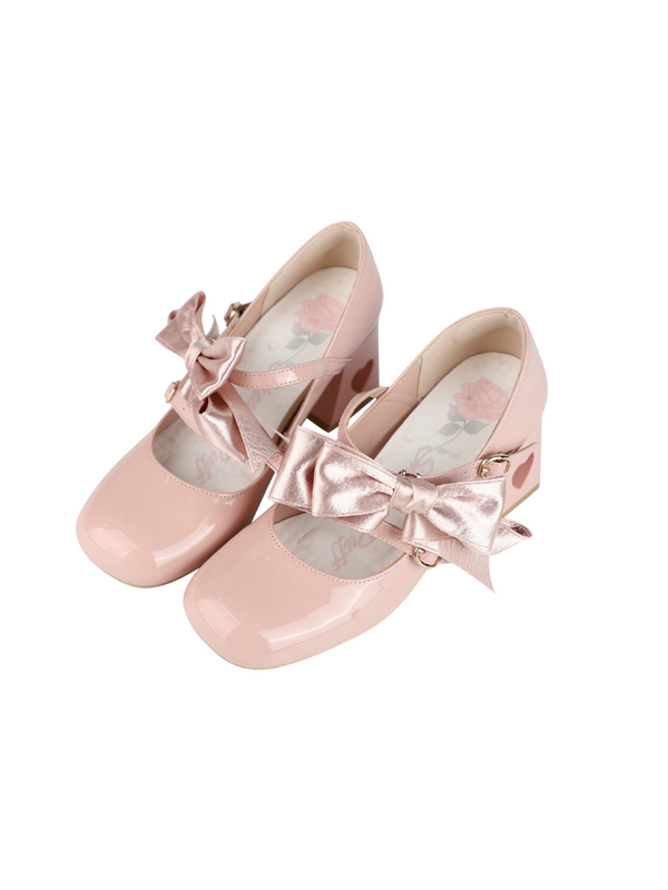 Ribbon Open Heart High Heel Lolita Shoes [Jewel Ribbon, Normal Ribbon].