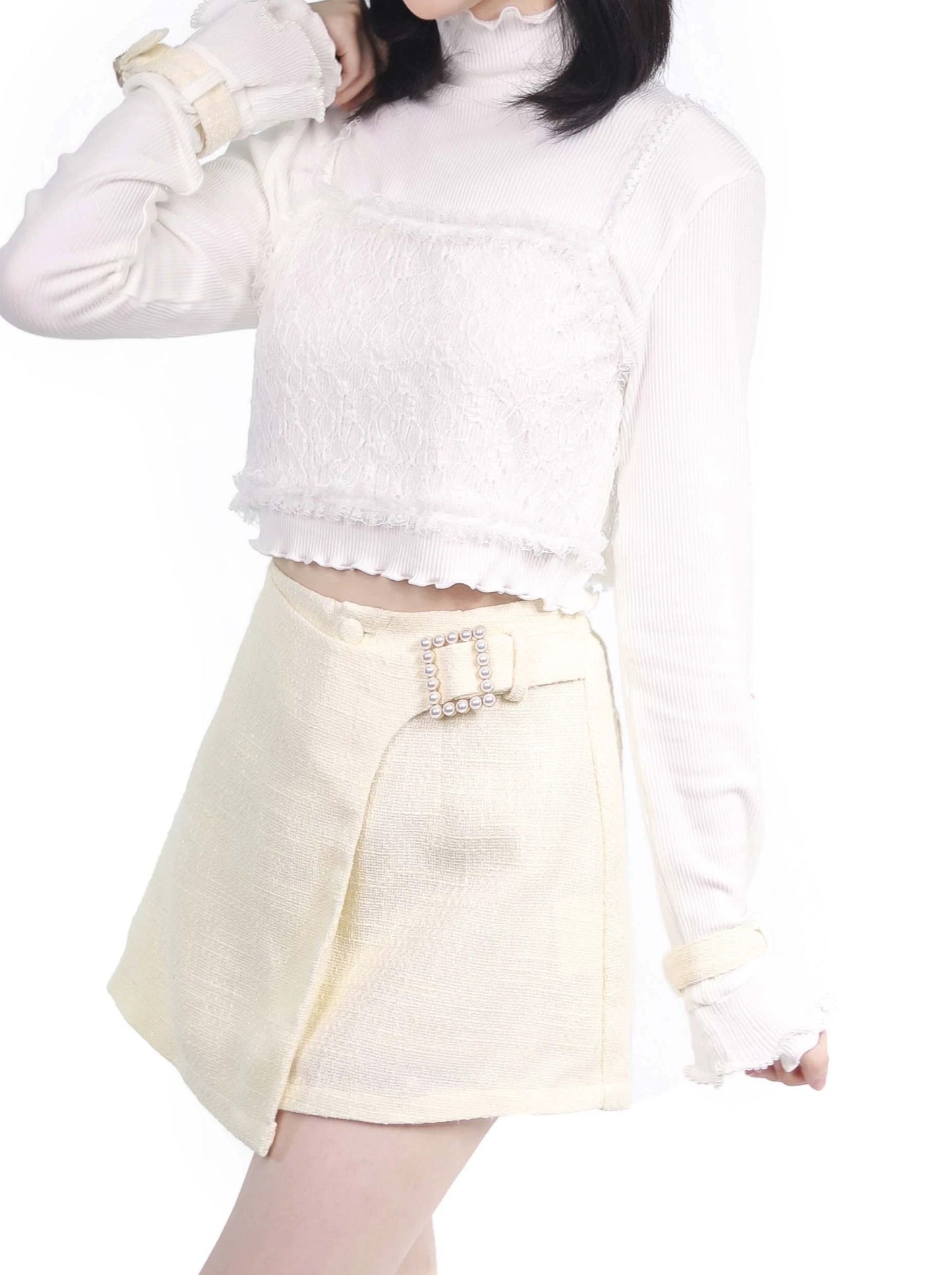 Pure White Snow Fur Jacket Top Skirt Leg Warmer Set