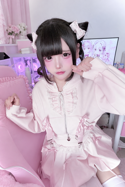 [Reservation Deadline: November 15] Pink Lace Bow Two-Way Zip Hoodie and Bubble Skirt Set with Detachable Ribbon
