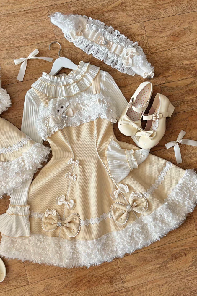 【11月7日予約締切】Yellow/Pink Sweet Lolita Lace Ribbon Fluffy Hem JSK Dress + Ruffle Neck Ribbed Bell Sleeve Top