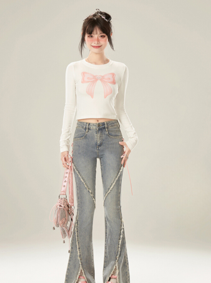 Sweet Pink Ribbon Short Tops