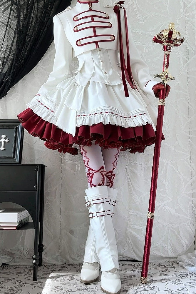 【9月13日予約締切】White Burgundy Military Ruffle Lolita Jacket (with epaulet bow) + Shirt + Short Skirt Set / Shorts Set + Complete set 1/2 (Officer cap + Leg covers + Sash)