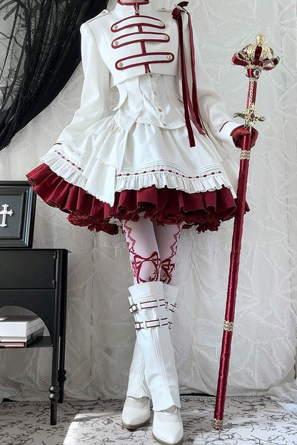 【9月13日予約締切】White Burgundy Military Ruffle Lolita Jacket (with epaulet bow) + Shirt + Short Skirt Set / Shorts Set + Complete set 1/2 (Officer cap + Leg covers + Sash)