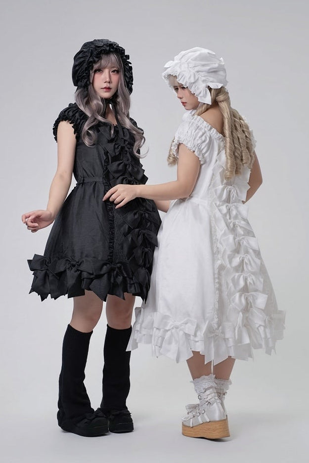 [November 15 Reservation Deadline] White Doll Style Front & Back Two-Way Ruffle Ribbon Lolita Dress (Short/Long) + Matching Shorts (Short/Long) + BB Hat